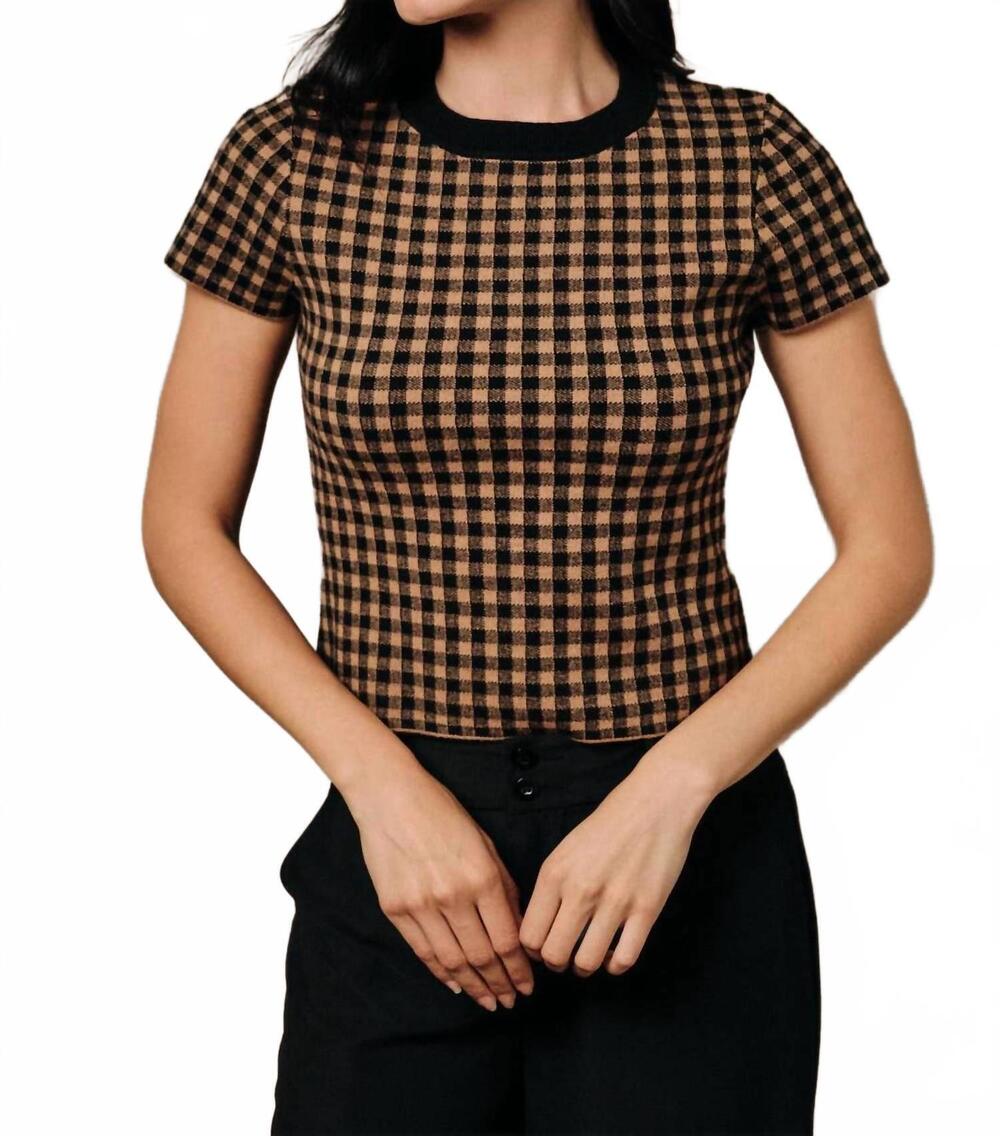 NEW SUNDAY EDITION gingham soft knit crew neck sweater in brown and black